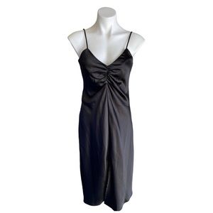 TAHARI ARTHUR S. LEVINE Black Satin Midi Dress Slit & Ruching Perfect for Paris